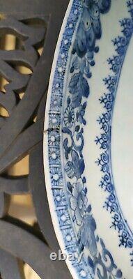 32cm Excellent Grand Antique Chinese Bleu & Blanc Chargeur Plate De Viande Plateau 18c