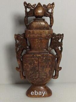 Ancien brûleur d'encens en agate archaïque chinoise avec poignées de dragon