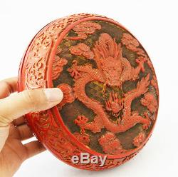Ancienne Grande Lacquer Chinoise Cinnabar Box Bol Bois Dragon 5 Griffes