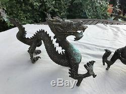 Ancienne Paire De Grande Statue De Dragons Chinois En Bronze De Maison