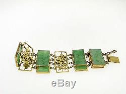 Antique 14k Solid Gold Chinese Grand Sculpté À La Main Jade Bracelet Wide Lien