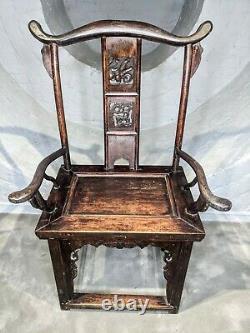 Antique 17ème/18ème Siècle Stain Elm Chinese Dynasty Official's Hat Large Chair