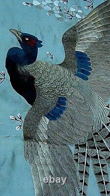 Antique 19c Large Japonese Silk Embroided Phesant Hanging Panel 130 X 47, #1