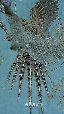 Antique 19c Large Japonese Silk Embroided Phesant Hanging Panel 130 X 47, #1