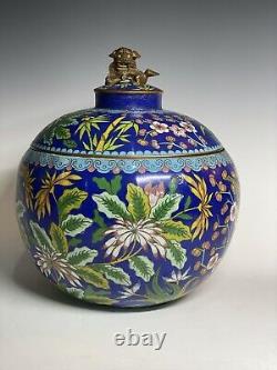 Antique 19ème C. Qing Dynasty Chinese Large Cloisonne Jar Avec Foo Dog Finial