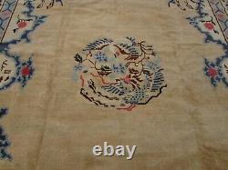 Antique À La Main Artdeco Chinese Oriental Laine Beige Grand Tapis 355x280cm