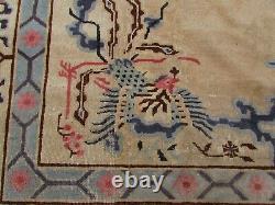 Antique À La Main Artdeco Chinese Oriental Laine Beige Grand Tapis 355x280cm