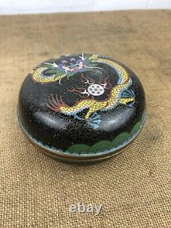Antique Chinese Cloisonne Grande Boîte À Lit Rond 5 Clawed Imperial Dragon