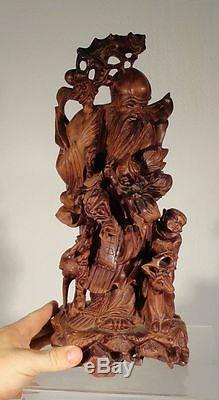 Antique Chinese Grand Boxwood Huali Sculpté Shou Figure Verre Yeux Cerfs