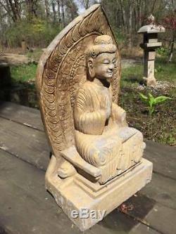 Antique Chinese Important Grand Seated Bouddha En Pierre Guan Yin Avec L'inscription