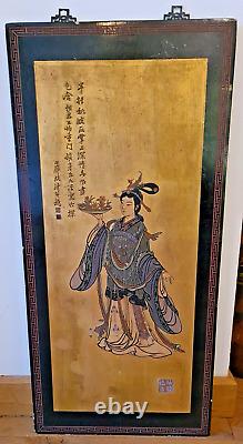 Antique Chinese / Japonaise Laqué Chineserie Grand Panneau Décoratif Signé