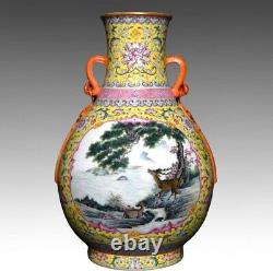 Antique Chinese Qing Dynasty Kangxi Famille Rose Grand Deer Porcelaine Vase 15.5