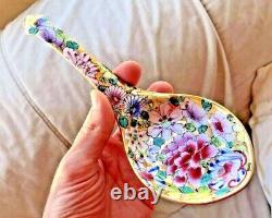 Antique Chinese Republic Période 1930s Grand Émail Porcelaine Or Gilt Spoon