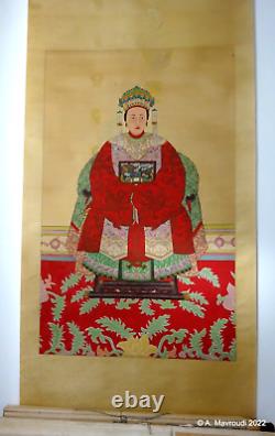 Antique Chinese Scroll Ancêtre Impératrice Portrait Peint À La Main Silk Large
