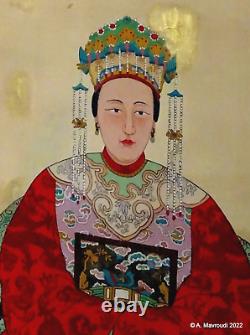 Antique Chinese Scroll Ancêtre Impératrice Portrait Peint À La Main Silk Large