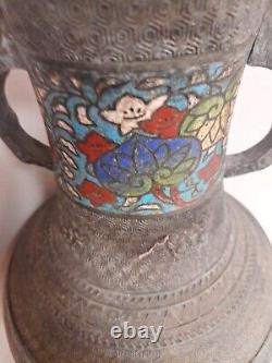 Antique Chinois Bronze & Émail Cloisonne Vase Grand Dragon Poignée Urn Asiatique