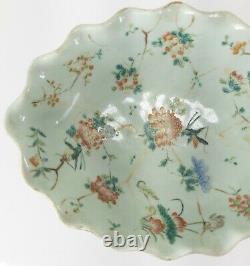 Antique Chinois Celadon Famille Rose Grand Floral Lotus Lobed Bowl Tongzhi Mark