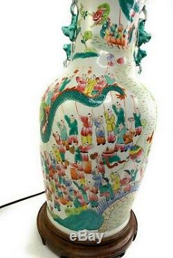 Antique Chinois Famille Verte Fam Rose Vase En Porcelaine Grande Lampe Figural
