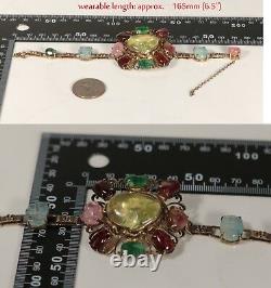 Antique Chinois Grand Jaune Rose Bleu Tourmaline Jade Sterling Silver Bracelet