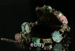 Antique Chinois Grand Jaune Rose Bleu Tourmaline Jade Sterling Silver Bracelet