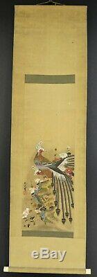 Antique Chinois Grand Paon Oiseaux D'encre Peinture Hanging Scroll Signé Entiers