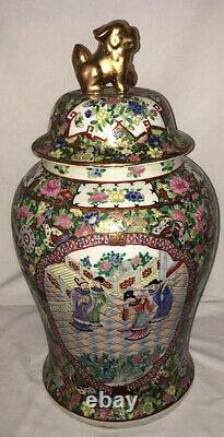 Antique Chinois Grande Famille Rose Ginger Jar Avec LID & Gold Gilt Foo Dog Heavy
