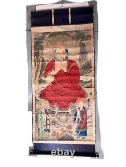 Antique Chinois Grande Peinture Verticale En Soie Scroll Figurine Sainte Immortal