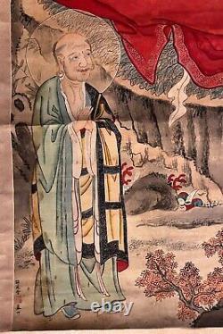 Antique Chinois Grande Peinture Verticale En Soie Scroll Figurine Sainte Immortal