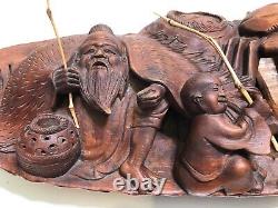 Antique Chinois Grande Racine De Bambou Sculptée Main Scène De Pêche De Bateau, 22 Long, 5 H