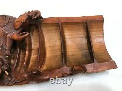 Antique Chinois Grande Racine De Bambou Sculptée Main Scène De Pêche De Bateau, 22 Long, 5 H