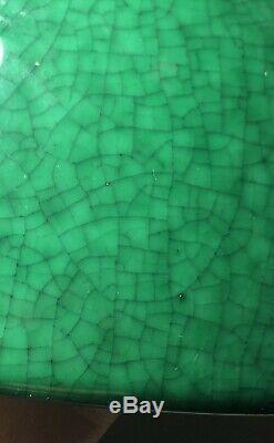 Antique Chinois Imperial Période Grande Baie Vitrée Crackle Vert Émeraude Jade Émail