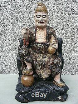 Antique Chinois Polychrome Temple Sculpté En Bois Figure Grand