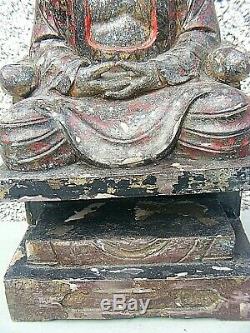 Antique Chinois Polychrome Temple Sculpté En Bois Figure Grand