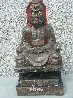 Antique Chinois Polychrome Wooden Sculpté Temple Figure Grande