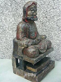 Antique Chinois Polychrome Wooden Sculpté Temple Figure Grande