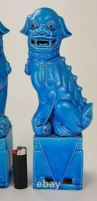 Antique Chinois Turquoise Bleu Glacé Large 12.25 Foo Lion Dog Figures Bouddhistes