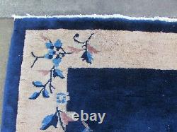 Antique Fait À La Main Art Déco Chinese Oriental Laine Bleue Grande Rug 206x123cm