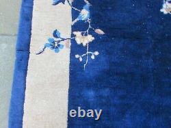 Antique Fait À La Main Art Déco Chinese Oriental Laine Bleue Grande Rug 206x123cm