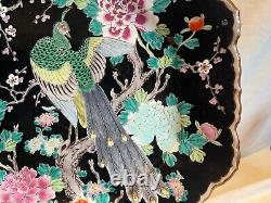 Antique Grand 44cm Octagonal Chinese Famille Noire Plaque Peacock Peony Blossom