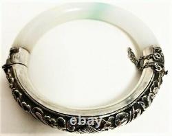 Antique Grand Chinois Natural White Jade Bangle Bracelet Sterling Silver