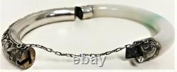 Antique Grand Chinois Natural White Jade Bangle Bracelet Sterling Silver
