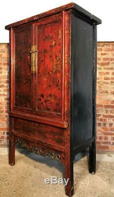 Antique Grande Armoire Peinte En Rouge Chinoise Originale Main Cabinet C 1920