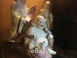 Antique Grande Famille Rose Assis Bouddha Figure Avec Laughing Cinq Enfants