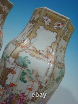 Antique Grande Paire Chinois Mandarin Palette Vases Hexagonaux, 18ème Siècle