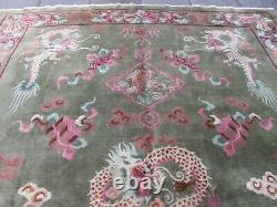 Antique Hand Made Art Déco Chinese Carpet Green Wool Grand Tapis 407x320cm