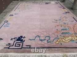Antique Hand Made Art Déco Chinese Oriental Pink Wool Grand Tapis 383x307cm