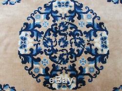 Antique Hand Made Art Déco Oriental Chinois Beige Bleu Laine Grand Tapis 245x167cm