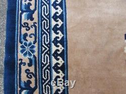 Antique Hand Made Art Déco Oriental Chinois Beige Bleu Laine Grand Tapis 245x167cm