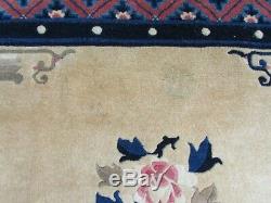 Antique Hand Made Art Déco Oriental Chinois Beige Bleu Laine Grand Tapis 275x185cm