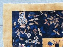 Antique Hand Made Artdeco Oriental Chinois Or Laine Bleu Grand 383x305cm Tapis